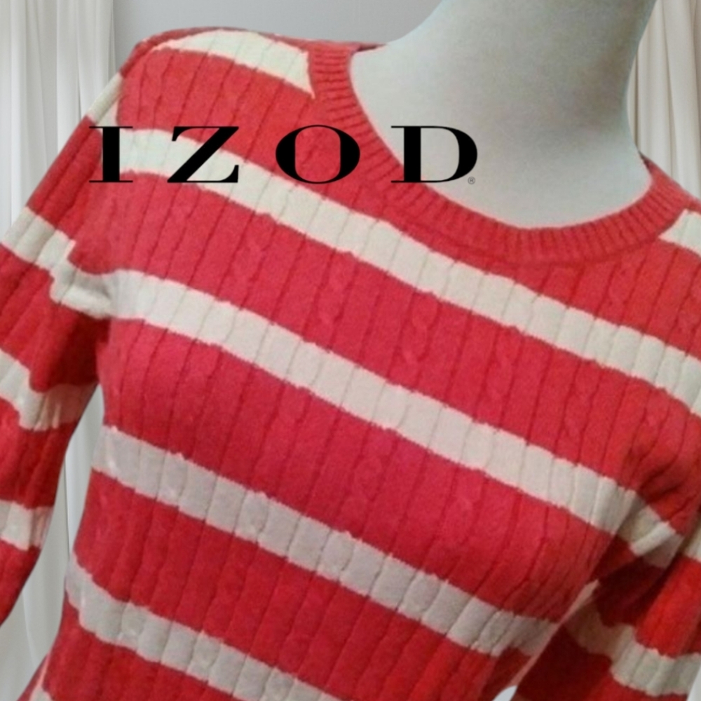 IZOD SWEATER CREW NECK PINK STRIPED OFF WHITE CREAM SMALL WOMEN'S SMALL NWOT